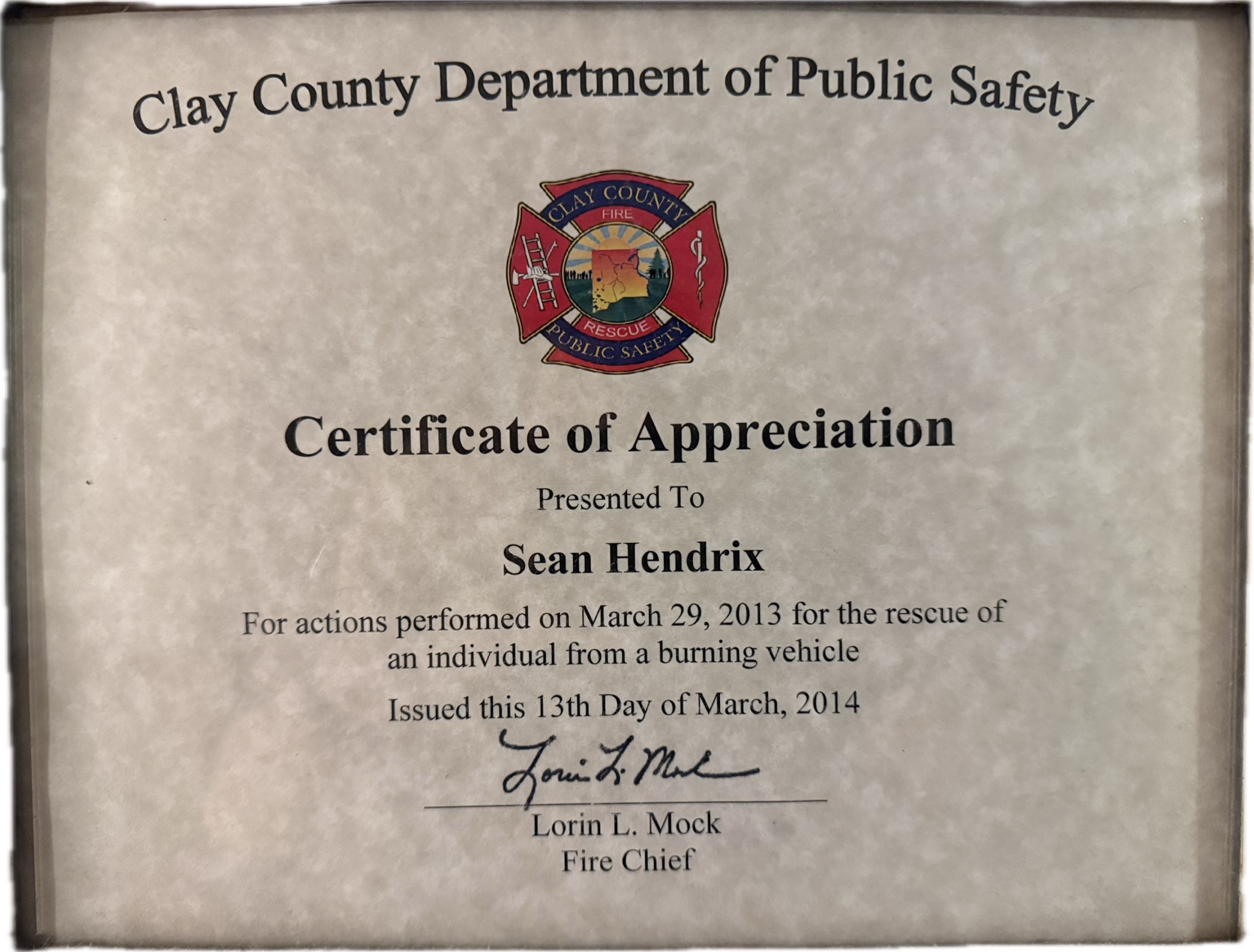 Clay County Department of Public Safety Certificate of Appreciation recognizing Sean Hendrix for the March 29, 2013 rescue